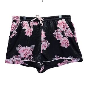 Le Rose Stories Womens Black Pink Floral Satin Pajama Shorts Medium Romantic